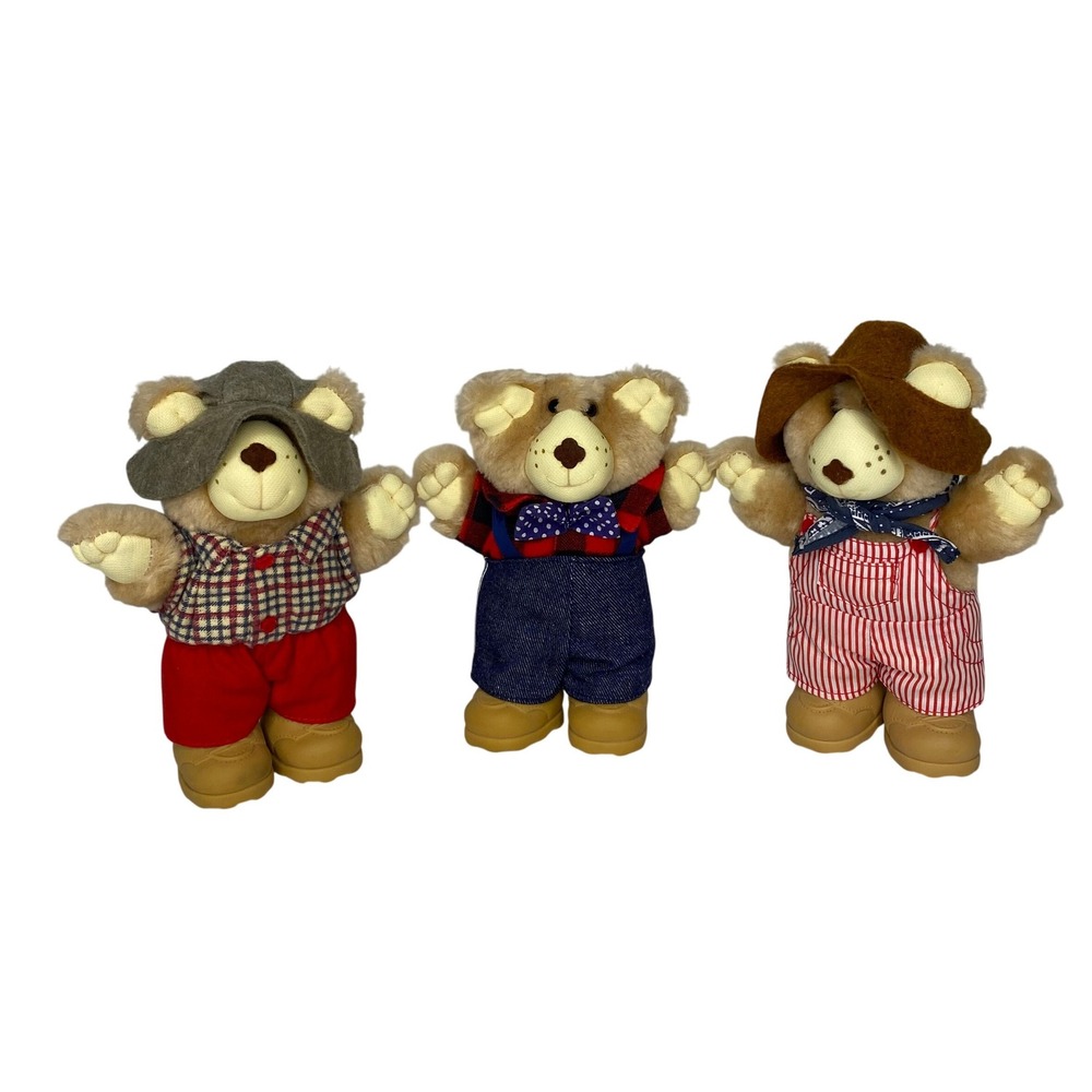Vtg 1986 Wendys Furskins Plush Stuffed Bear Collectible Dressed Animals Set of 3